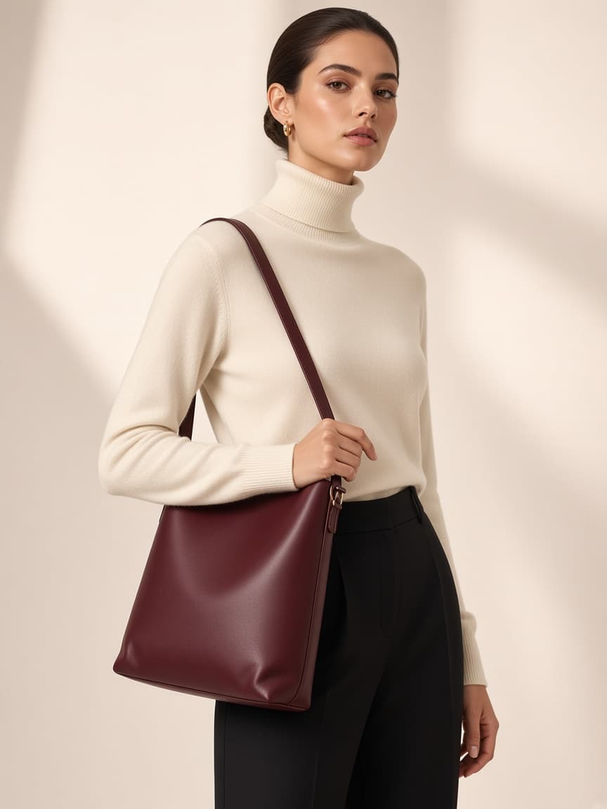 Woman wearing Romeah Firenze burgundy shoulder bag — scale reference